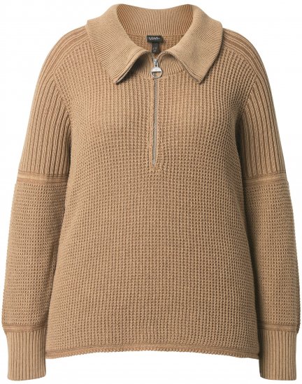 Ulla Popken Two-Tone Mixed Knit Troyer Collar Sweater Caramel - Hoodies & Sweatshirts - 