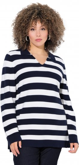 Ulla Popken Striped Polo Collar Long Sleeve Sweater Navy - Hoodies & Sweatshirts - 