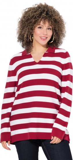 Ulla Popken Striped Polo Collar Long Sleeve Sweater Ruby Red - Hoodies & Sweatshirts - 