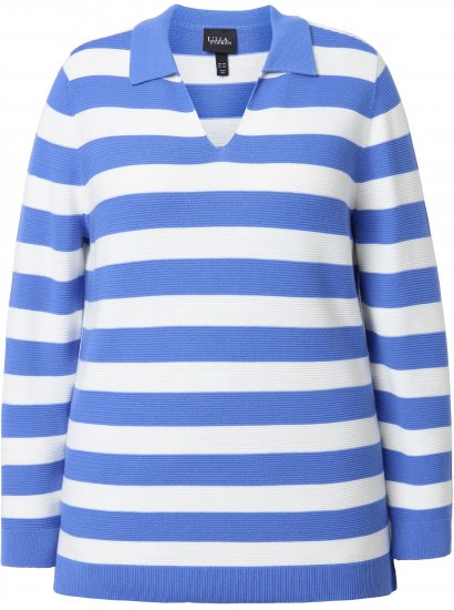 Ulla Popken Striped Polo Collar Long Sleeve Sweater Aegean Blue - Hoodies & Sweatshirts - 