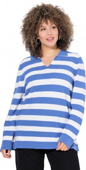 Ulla Popken Striped Polo Collar Long Sleeve Sweater Aegean Blue - Hoodies & Sweatshirts - 