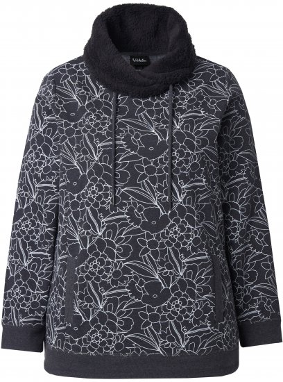 Ulla Popken Teddy Collar Printed Sweatshirt Black - Hoodies & Sweatshirts - 