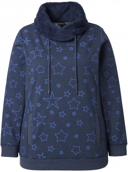 Ulla Popken Teddy Collar Printed Sweatshirt Navy - Hoodies & Sweatshirts - 