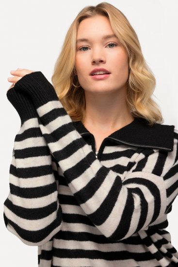 Ulla Popken Striped Troyer Collar Sweater Black - Hoodies & Sweatshirts - Kuschelige Sweatshirts, Hoodies & Strick