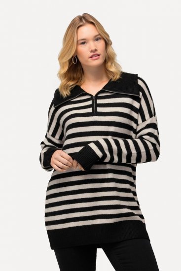 Ulla Popken Striped Troyer Collar Sweater Black - Hoodies & Sweatshirts - Kuschelige Sweatshirts, Hoodies & Strick