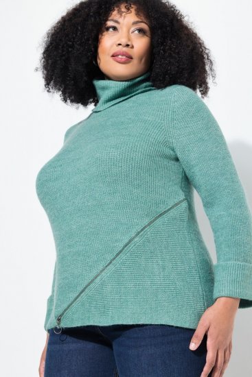 Ulla Popken Asymmetric Zipper Turtleneck Sweater Green - Hoodies & Sweatshirts - Kuschelige Sweatshirts, Hoodies & Strick