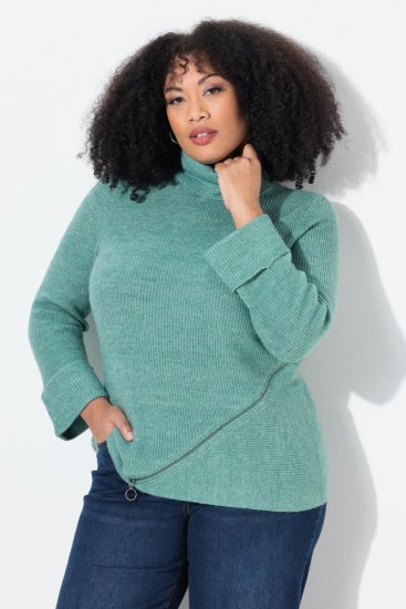 Ulla Popken Asymmetric Zipper Turtleneck Sweater Green - Hoodies & Sweatshirts - Kuschelige Sweatshirts, Hoodies & Strick