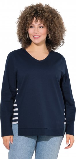 Ulla Popken Stripe Panel Long Sleeve V-Neck Sweatshirt Navy - Hoodies & Sweatshirts - 