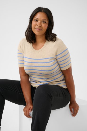 Kaffe Curve Lizzy Gestreifter Pullover Beige/Blau - Bedruckte T-shirts für damen - 
