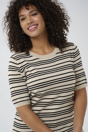 Kaffe Curve Lizzy Gestreifter Pullover Beige/Schwarz gestreift - Bedruckte T-shirts für damen - 