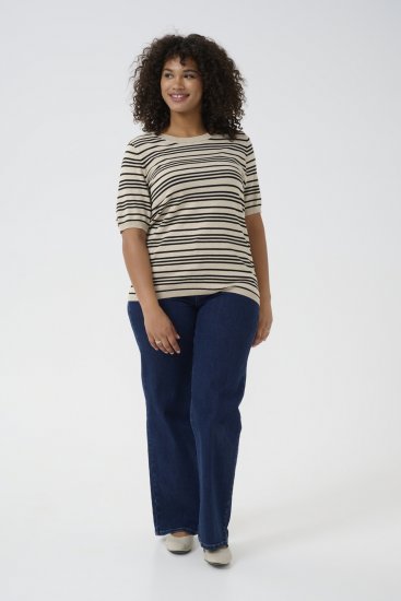 Kaffe Curve Lizzy Gestreifter Pullover Beige/Schwarz gestreift - Bedruckte T-shirts für damen - 