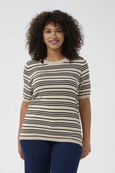 Kaffe Curve Lizzy Gestreifter Pullover Beige/Schwarz gestreift - Bedruckte T-shirts für damen - 