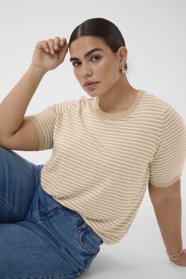 Kaffe Curve Lizzy Knit T-Shirt Feather Melange/Chalk Fine Stripe - T-Shirts - 