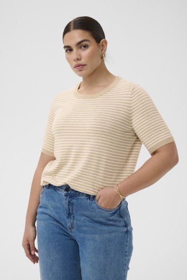 Kaffe Curve Lizzy Knit T-Shirt Feather Melange/Chalk Fine Stripe - T-Shirts - 