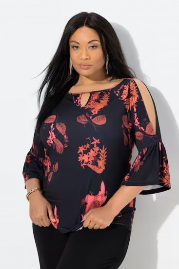 Ulla Popken Botanical Print Cold Shoulder Top Black - T-Shirts - 