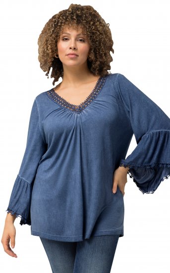 Ulla Popken Trumpet Sleeve Cold Dyed Tee Dove Blue - Bedruckte T-shirts für damen - 