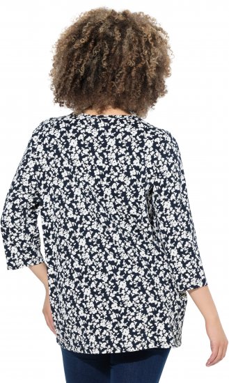 Ulla Popken Floral 3/4 Sleeve V-Neck A-Line Tee Navy - T-Shirts - 