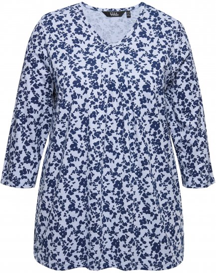 Ulla Popken Floral 3/4 Sleeve V-Neck A-Line Tee Blue - T-Shirts - 