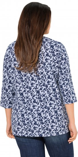 Ulla Popken Floral 3/4 Sleeve V-Neck A-Line Tee Blue - T-Shirts - 
