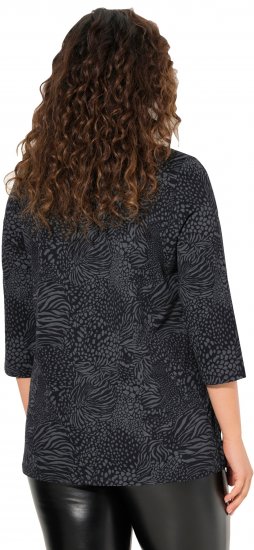 Ulla Popken Animal Print 3/4 Sleeve V-Neck Tee Black - T-Shirts - 