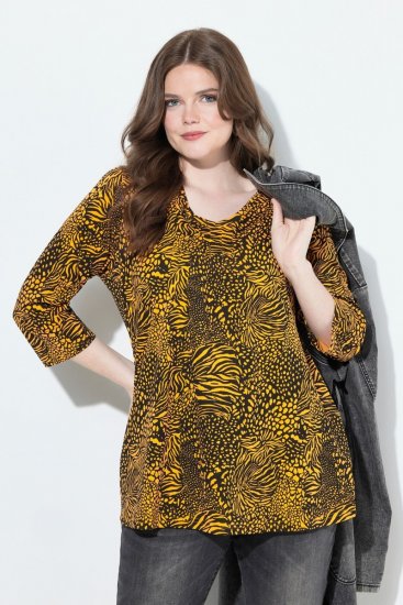 Ulla Popken Animal Print 3/4 Sleeve V-Neck Tee Neon Orange - T-Shirts - Damen-T-Shirts in großen Größen