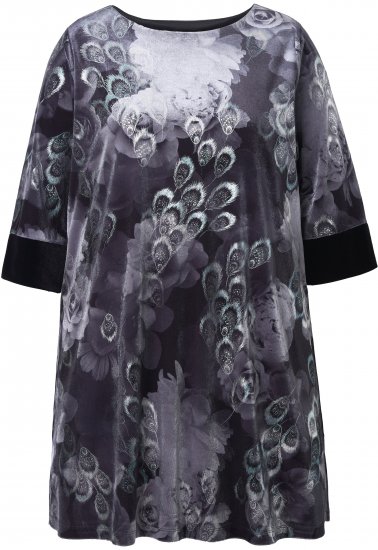 Ulla Popken Velvet Peacock Feather 3/4 Sleeve Tunic Blouse Black - T-Shirts - 