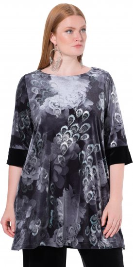 Ulla Popken Velvet Peacock Feather 3/4 Sleeve Tunic Blouse Black - T-Shirts - 