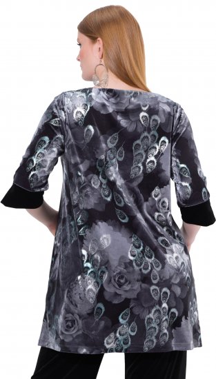 Ulla Popken Velvet Peacock Feather 3/4 Sleeve Tunic Blouse Black - T-Shirts - 