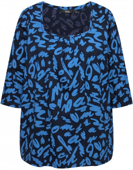 Ulla Popken Scribble Print Square Neck 3/4 Sleeve Tee Navy - Bedruckte T-shirts für damen - 