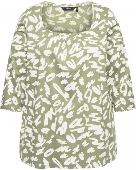 Ulla Popken Scribble Print Square Neck 3/4 Sleeve Tee Sage Green - Bedruckte T-shirts für damen - 