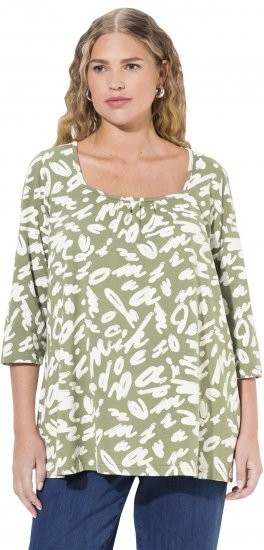 Ulla Popken Scribble Print Square Neck 3/4 Sleeve Tee Sage Green - Bedruckte T-shirts für damen - 