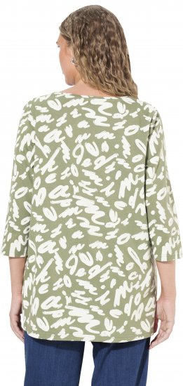 Ulla Popken Scribble Print Square Neck 3/4 Sleeve Tee Sage Green - Bedruckte T-shirts für damen - 