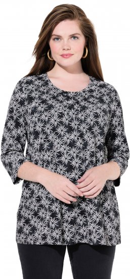Ulla Popken Graphic Flower A-Line 3/4 Sleeve Tee Black - T-Shirts - 