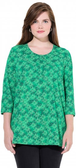 Ulla Popken Graphic Flower A-Line 3/4 Sleeve Tee Moss Green - T-Shirts - 