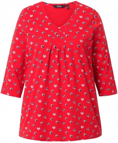 Ulla Popken Minimal Floral Print 3/4 Sleeve Tee Neon Red - Bedruckte T-shirts für damen - 