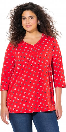 Ulla Popken Minimal Floral Print 3/4 Sleeve Tee Neon Red - Bedruckte T-shirts für damen - 