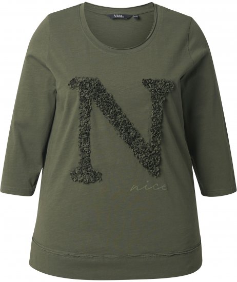 Ulla Popken Textured Lettering 3/4 Sleeve Tee Olive - Bedruckte T-shirts für damen - 