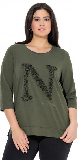 Ulla Popken Textured Lettering 3/4 Sleeve Tee Olive - Bedruckte T-shirts für damen - 