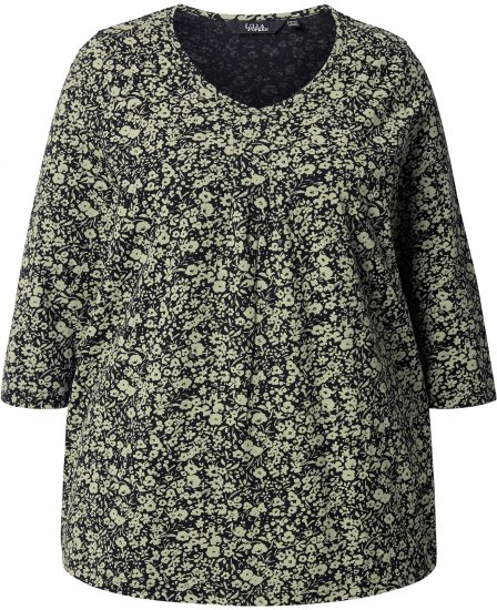 Ulla Popken Pleated Floral Print 3/4 Sleeve Tee Pond Green - Bedruckte T-shirts für damen - 