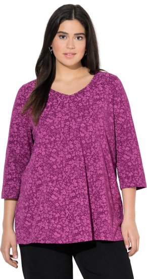 Ulla Popken Pleated Floral Print 3/4 Sleeve Tee Raspberry - Bedruckte T-shirts für damen - 