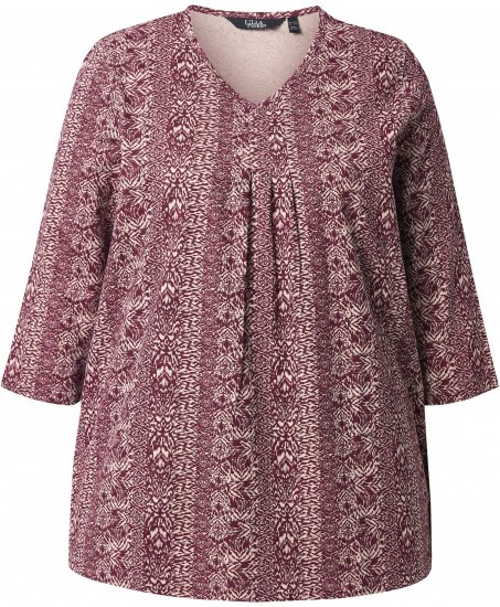 Ulla Popken Mixed Pattern Stripe 3/4 Sleeve Tee Dark Cherry Red - T-Shirts - 