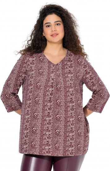 Ulla Popken Mixed Pattern Stripe 3/4 Sleeve Tee Dark Cherry Red - T-Shirts - 