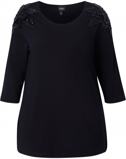 Ulla Popken Flower Epaulet 3/4 Sleeve Top Black - Bedruckte T-shirts für damen - 