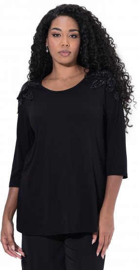 Ulla Popken Flower Epaulet 3/4 Sleeve Top Black - Bedruckte T-shirts für damen - 