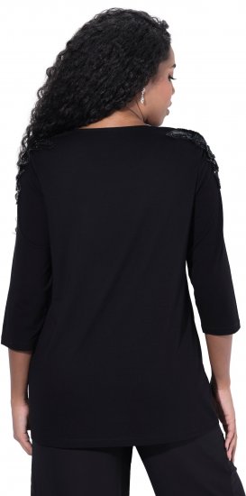 Ulla Popken Flower Epaulet 3/4 Sleeve Top Black - Bedruckte T-shirts für damen - 