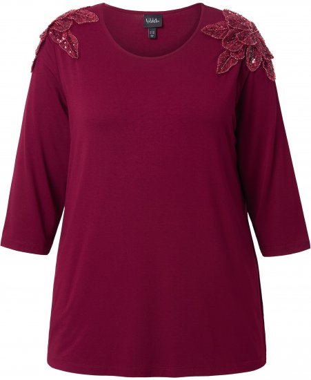 Ulla Popken Flower Epaulet 3/4 Sleeve Top Dark Cherry Red - Bedruckte T-shirts für damen - 