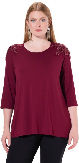 Ulla Popken Flower Epaulet 3/4 Sleeve Top Dark Cherry Red - Bedruckte T-shirts für damen - 