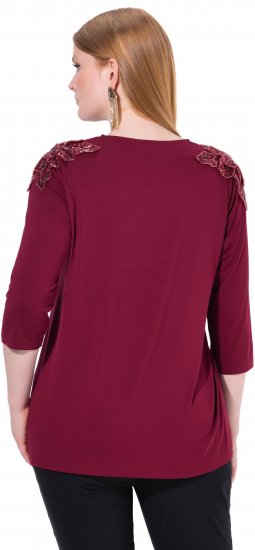 Ulla Popken Flower Epaulet 3/4 Sleeve Top Dark Cherry Red - Bedruckte T-shirts für damen - 