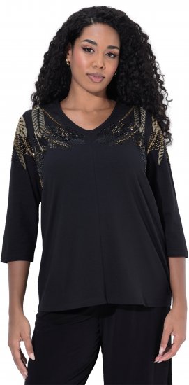 Ulla Popken Feather Beadwork 3/4 Sleeve Top Black - Bedruckte T-shirts für damen - 
