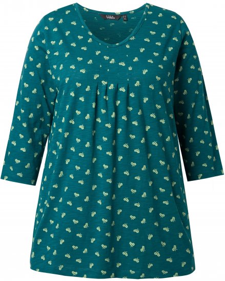 Ulla Popken Flower Print 3/4 Sleeve Tee Teal Green - T-Shirts - 